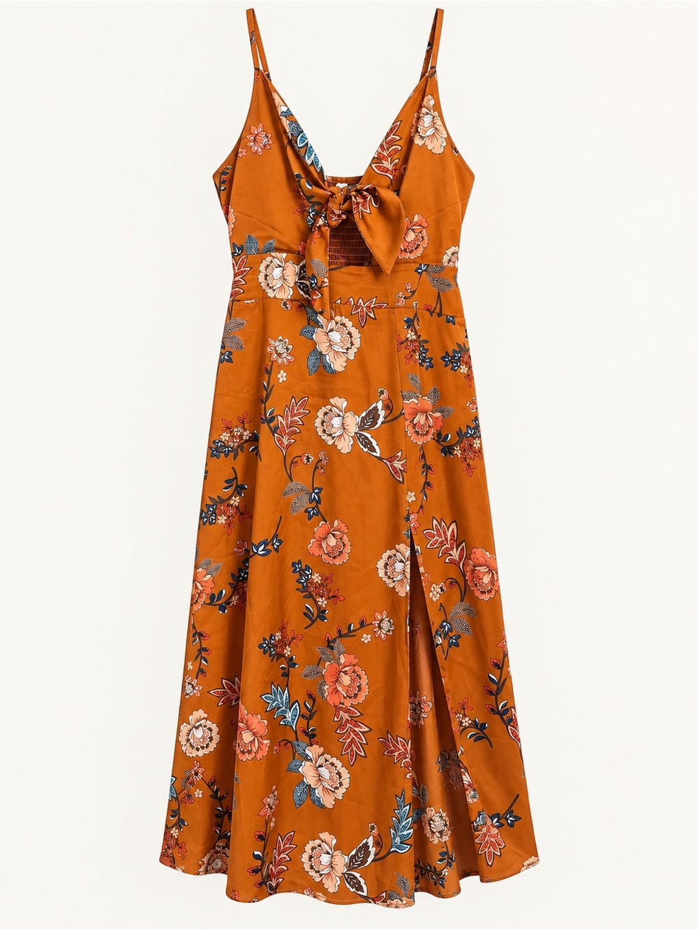 Burnt Orange Floral Tie-Front Midi/Maxi Dress Size XL Boho Cottagecore